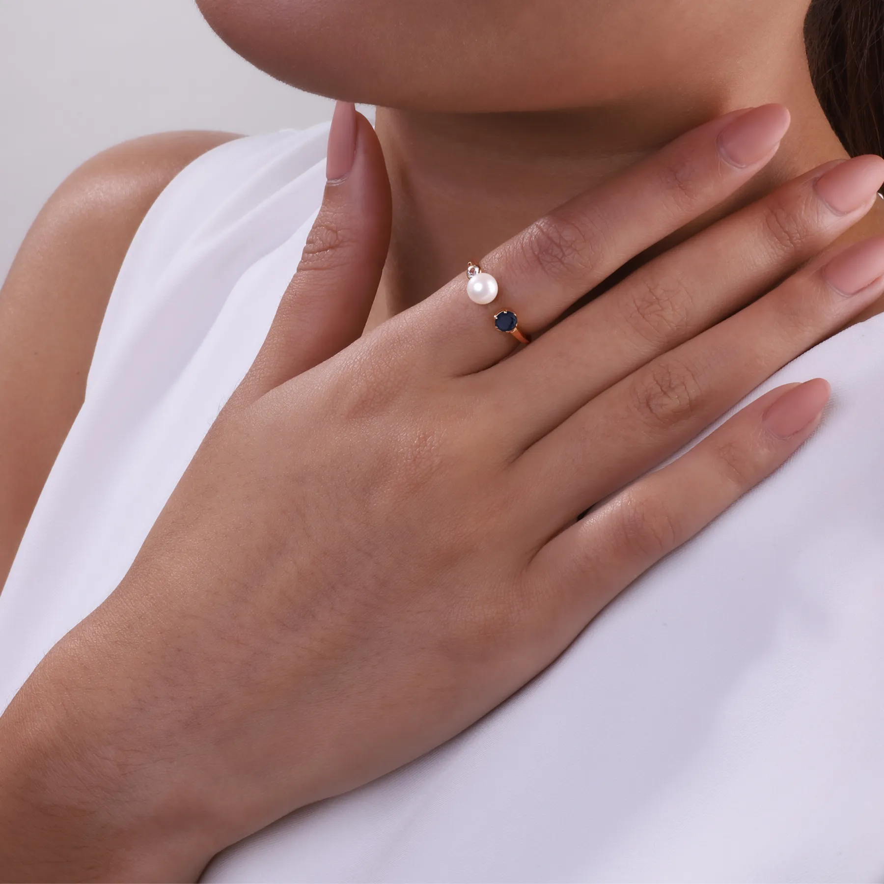 Moderne Perle, Saphir & Topas Offen Ring in Rose Vergoldetem Sterling Silber