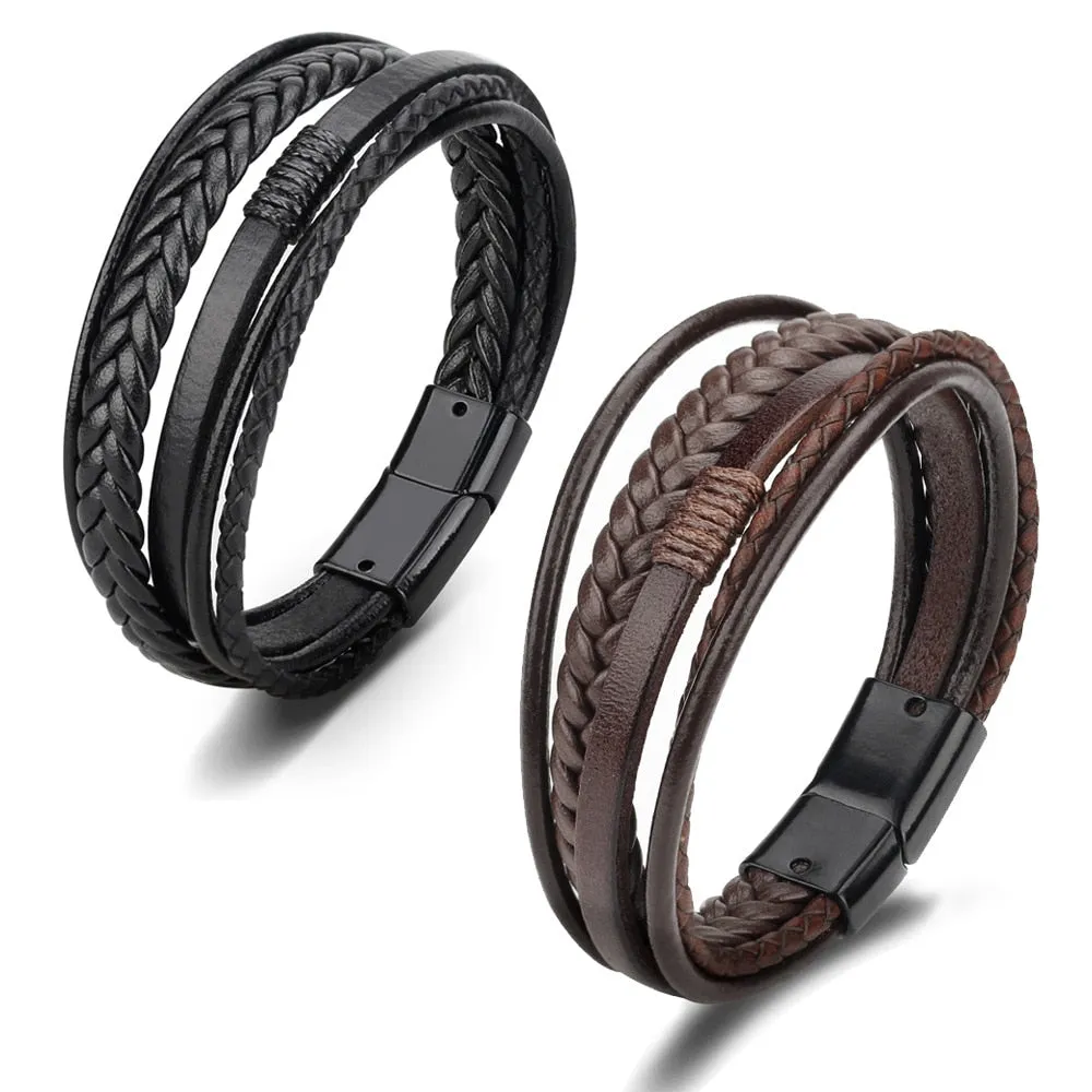 Multilayer Braided Rope Leather Charm Bracelets For Men