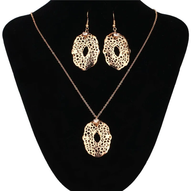 New Arrival Wedding Jewelry Sets Fashion Gold Hollow Pendant Statement Necklace & Crystal Drop Earrings Fine Jewelry