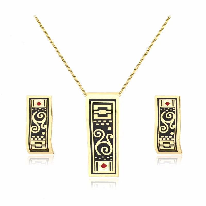 New design gold plated colorful Geometry pattern Rectangular shape earrings & pendant necklace enamel jewelry set