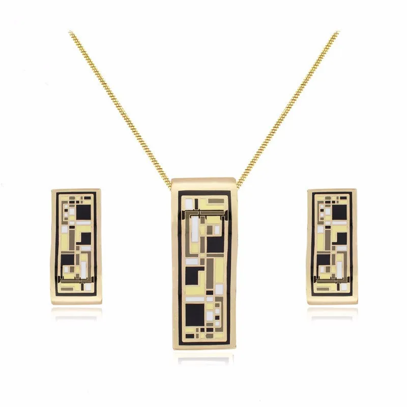 New design gold plated colorful Geometry pattern Rectangular shape earrings & pendant necklace enamel jewelry set