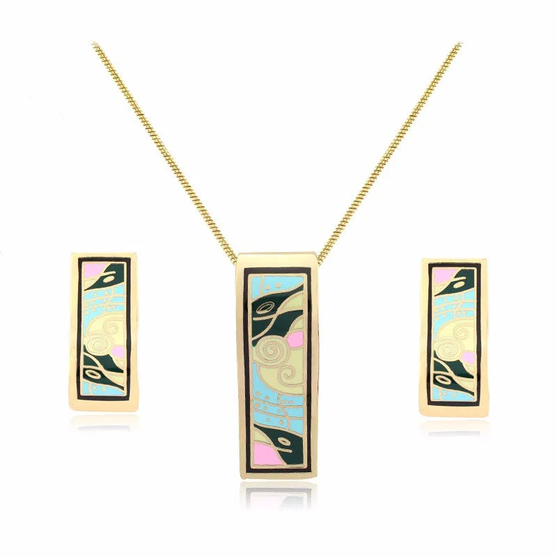 New design gold plated colorful Geometry pattern Rectangular shape earrings & pendant necklace enamel jewelry set