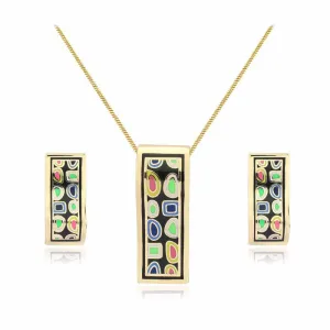 New design gold plated colorful Geometry pattern Rectangular shape earrings & pendant necklace enamel jewelry set