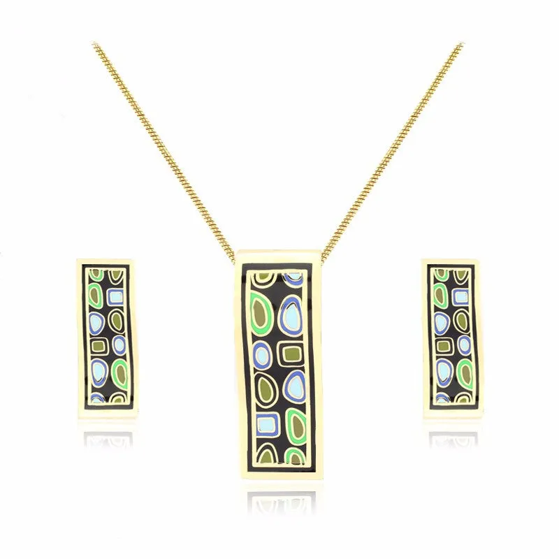 New design gold plated colorful Geometry pattern Rectangular shape earrings & pendant necklace enamel jewelry set