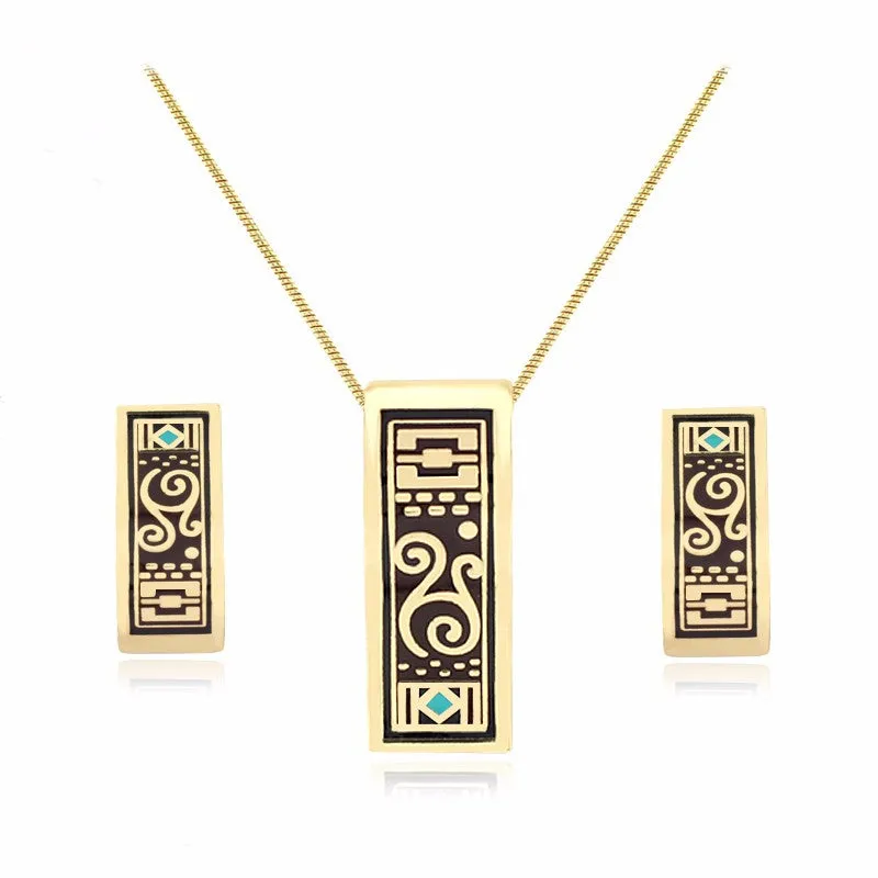 New design gold plated colorful Geometry pattern Rectangular shape earrings & pendant necklace enamel jewelry set