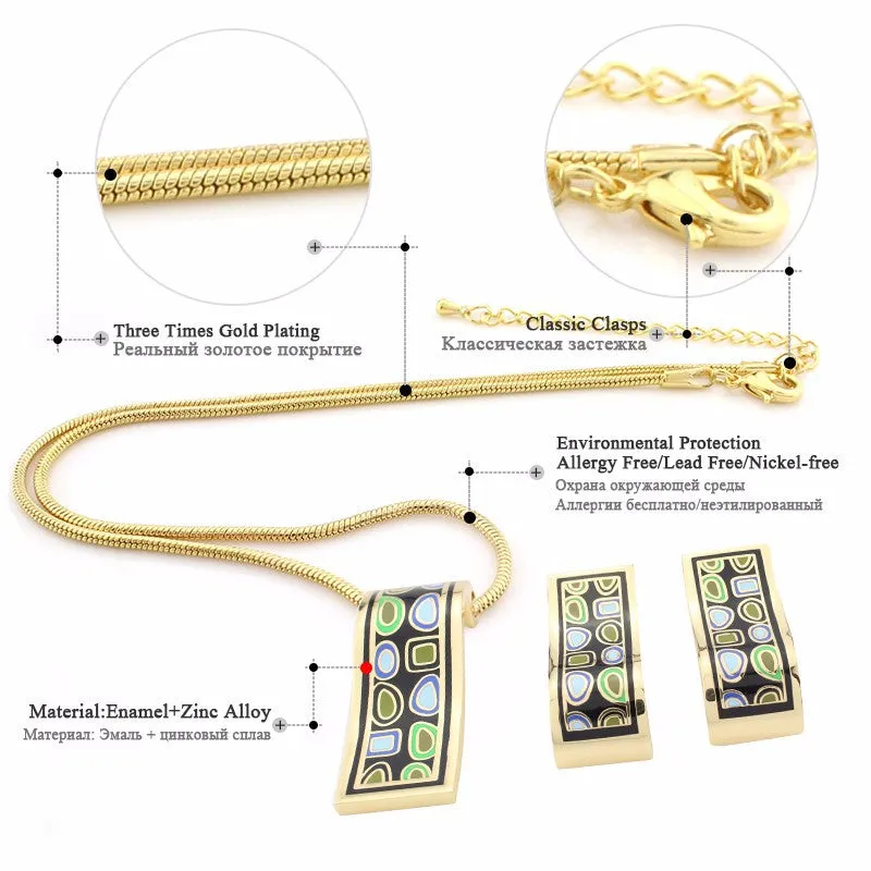 New design gold plated colorful Geometry pattern Rectangular shape earrings & pendant necklace enamel jewelry set