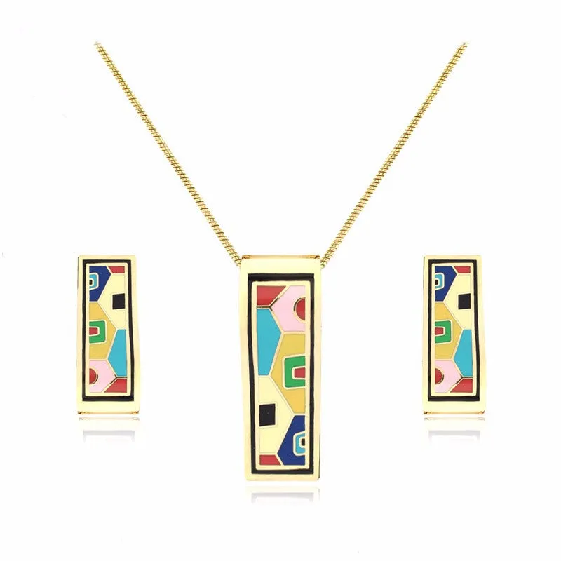 New design gold plated colorful Geometry pattern Rectangular shape earrings & pendant necklace enamel jewelry set