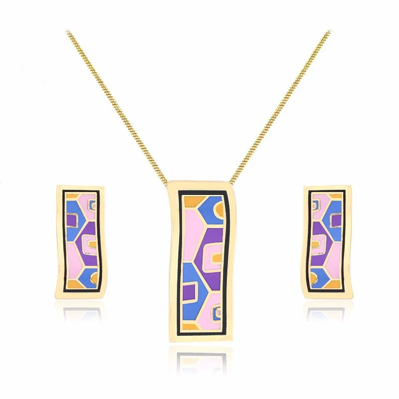 New design gold plated colorful Geometry pattern Rectangular shape earrings & pendant necklace enamel jewelry set