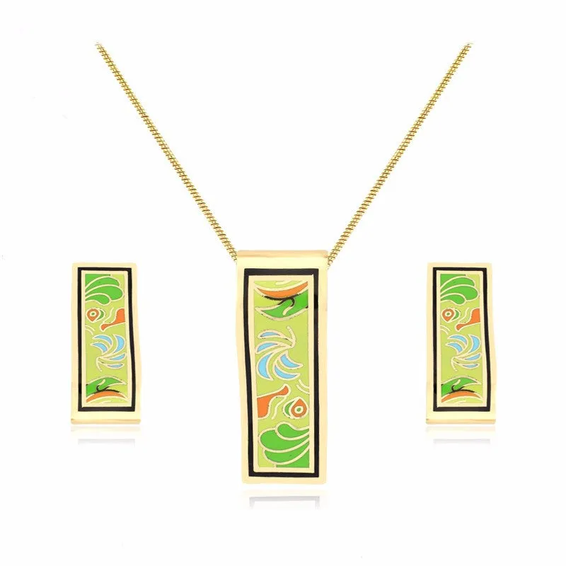 New design gold plated colorful Geometry pattern Rectangular shape earrings & pendant necklace enamel jewelry set