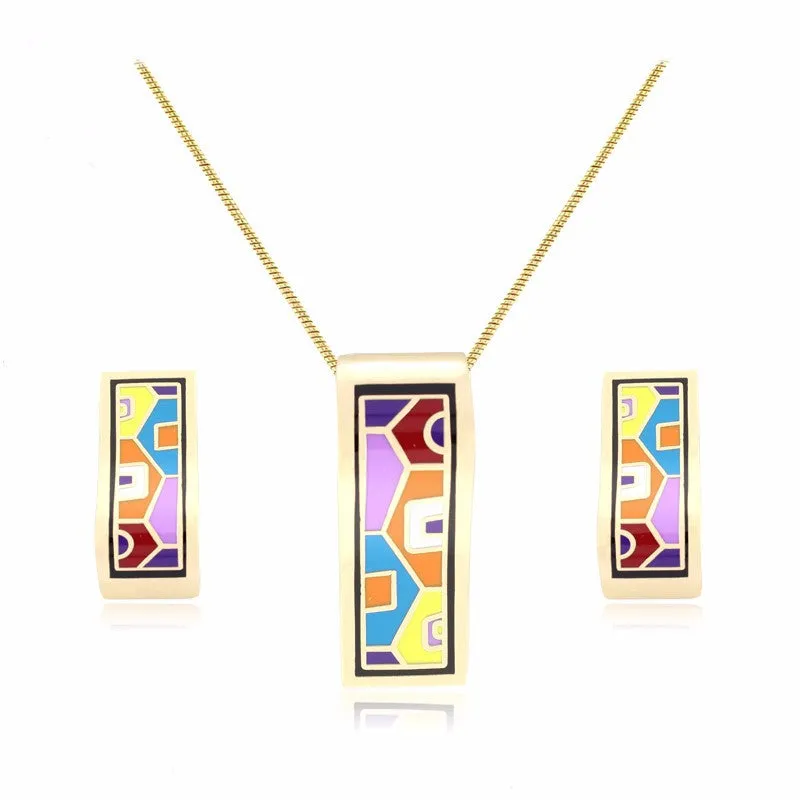 New design gold plated colorful Geometry pattern Rectangular shape earrings & pendant necklace enamel jewelry set