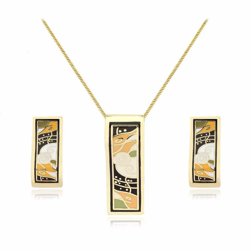 New design gold plated colorful Geometry pattern Rectangular shape earrings & pendant necklace enamel jewelry set