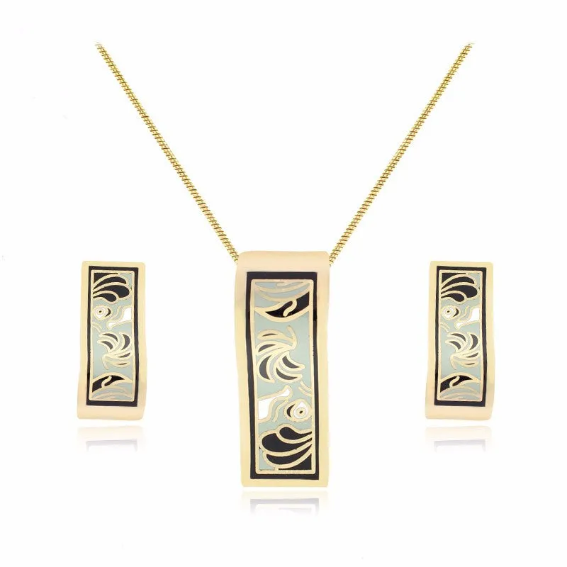 New design gold plated colorful Geometry pattern Rectangular shape earrings & pendant necklace enamel jewelry set