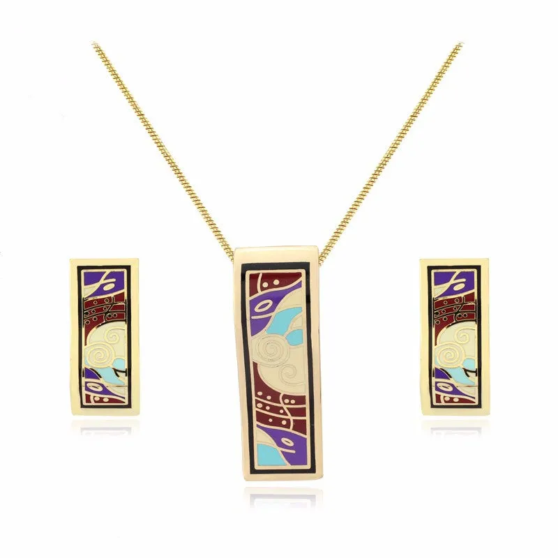 New design gold plated colorful Geometry pattern Rectangular shape earrings & pendant necklace enamel jewelry set