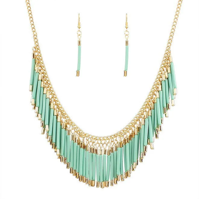 New Fashion Charm Jewelry Set Pendant Chain Resin Tassel Choker Statement Bib Necklace Earrings