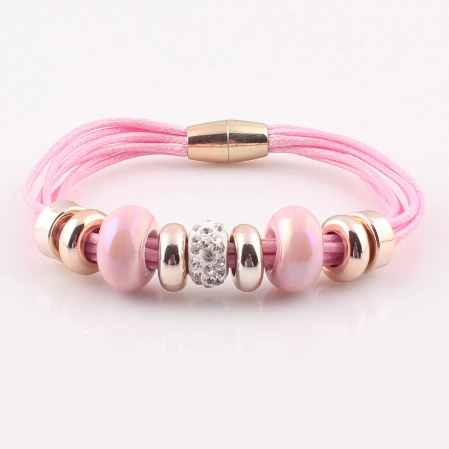 New Fashion Jewelry 6 Leather Wrap Bracelet Bangle with Europe Beads Charms Magnetic Clasp Bracelet