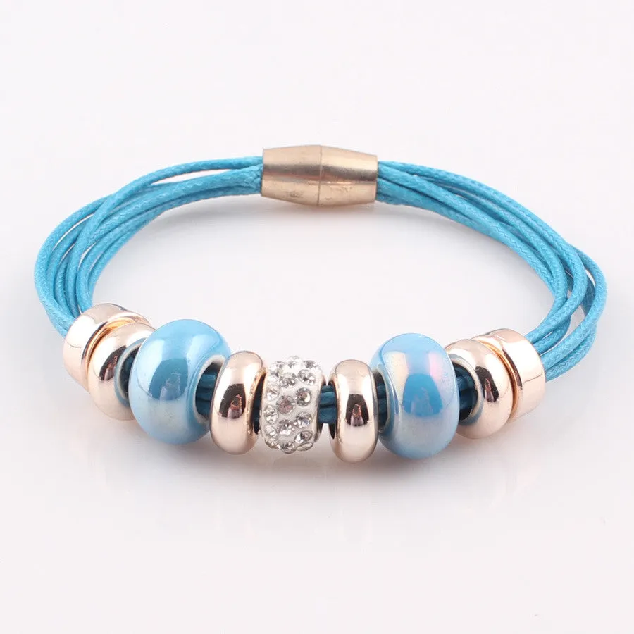 New Fashion Jewelry 6 Leather Wrap Bracelet Bangle with Europe Beads Charms Magnetic Clasp Bracelet