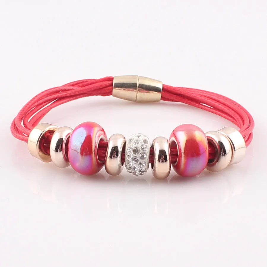 New Fashion Jewelry 6 Leather Wrap Bracelet Bangle with Europe Beads Charms Magnetic Clasp Bracelet