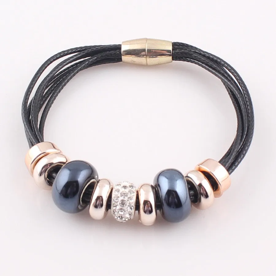 New Fashion Jewelry 6 Leather Wrap Bracelet Bangle with Europe Beads Charms Magnetic Clasp Bracelet