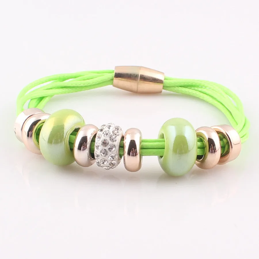 New Fashion Jewelry 6 Leather Wrap Bracelet Bangle with Europe Beads Charms Magnetic Clasp Bracelet