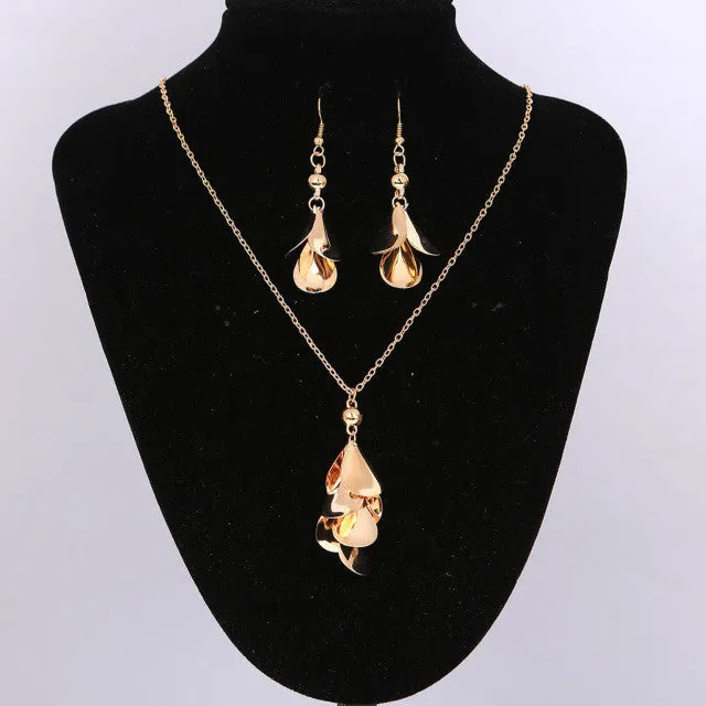 New Fashion Leaves Hook Hollow Drop Earrings Statement Necklace High Quality Jewelry Sets for Woman Wedding Jewelry Set