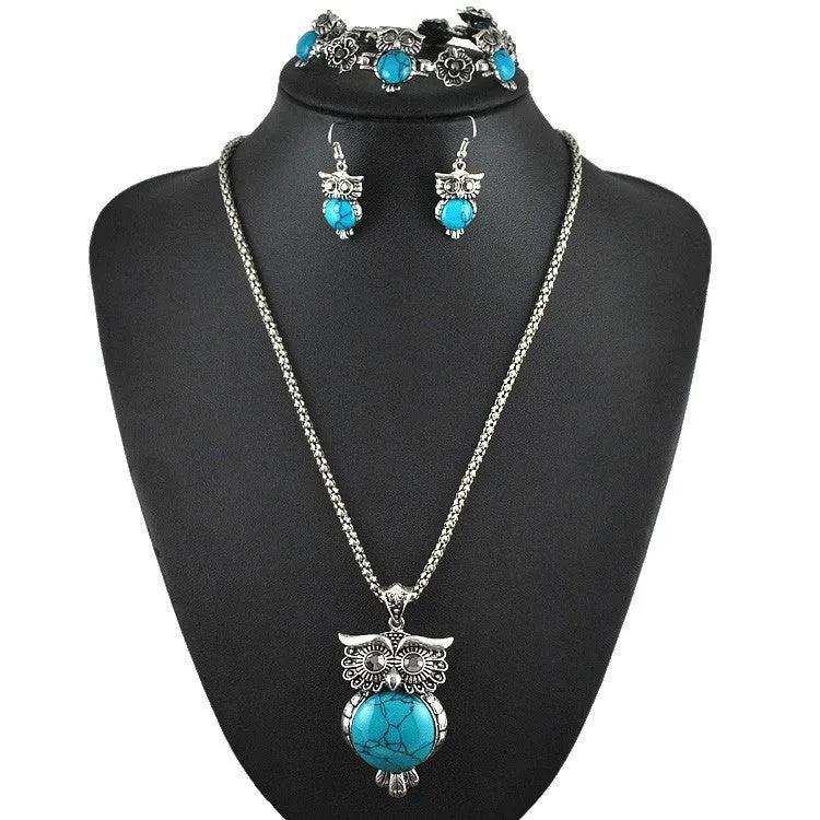 New Vintage Design Owl Jewelry Sets Tibetan Vintage Silver Retro Turquoise Stone Pendant Necklace drop earrings Charm bracelet Set