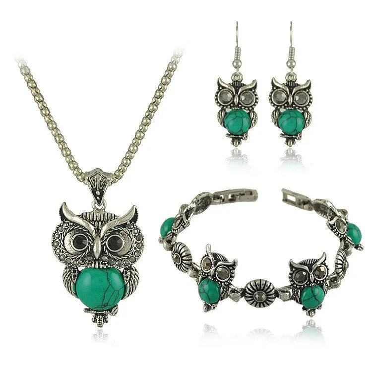 New Vintage Design Owl Jewelry Sets Tibetan Vintage Silver Retro Turquoise Stone Pendant Necklace drop earrings Charm bracelet Set