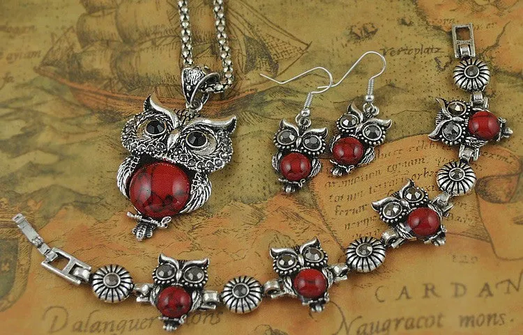 New Vintage Design Owl Jewelry Sets Tibetan Vintage Silver Retro Turquoise Stone Pendant Necklace drop earrings Charm bracelet Set