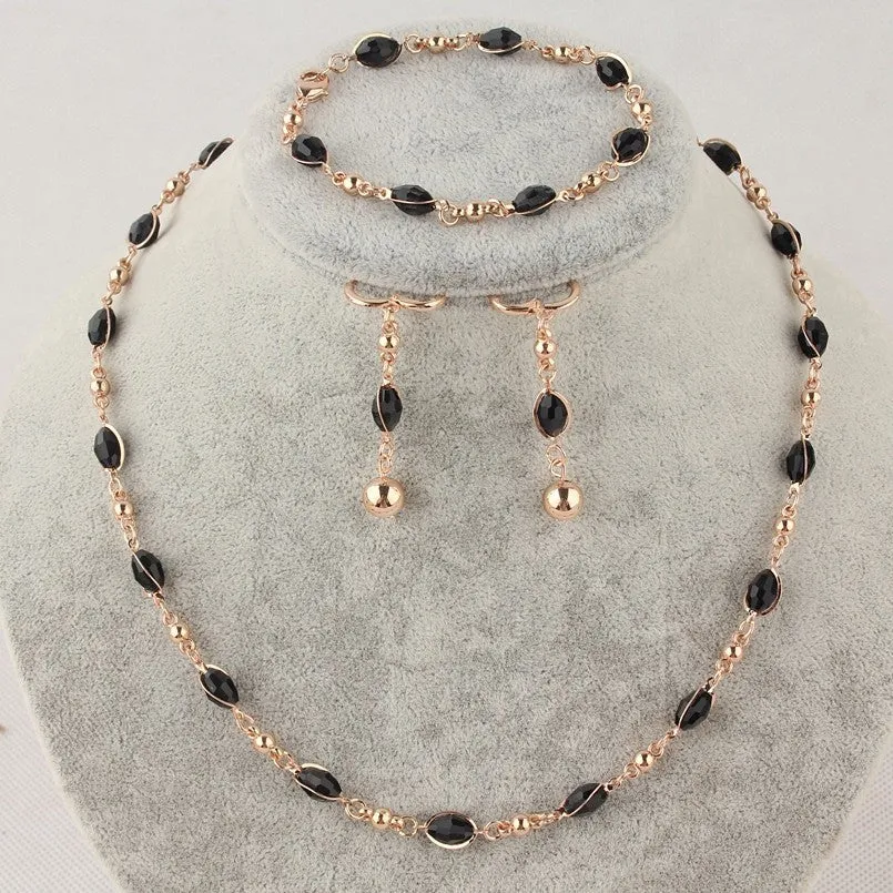 New Women/Girls Delightful Gift 14k Gold Filled Black Bead Necklace Bracelet Earrings Jewelry Set