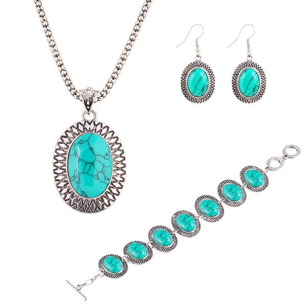 New Year's gift Fashion jewelry sets Vintage Bracelet Chain Round Pendant Necklace Turquoise gem Dangle Earrings women