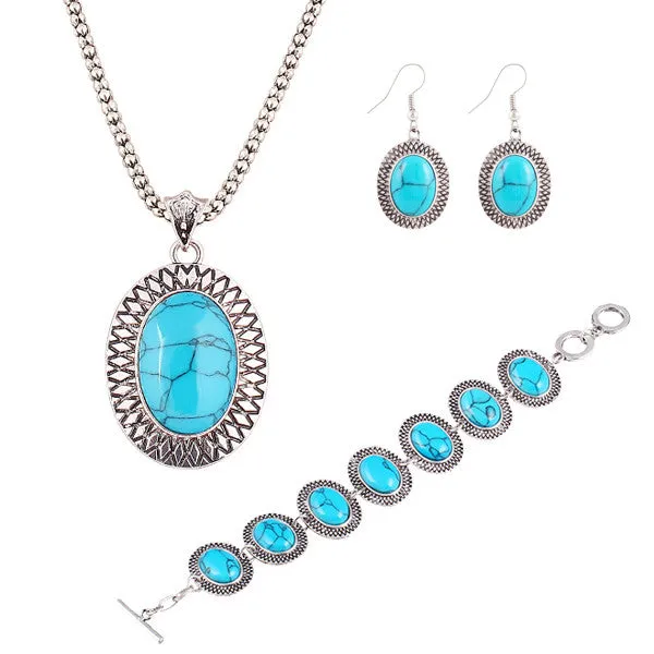 New Year's gift Fashion jewelry sets Vintage Bracelet Chain Round Pendant Necklace Turquoise gem Dangle Earrings women