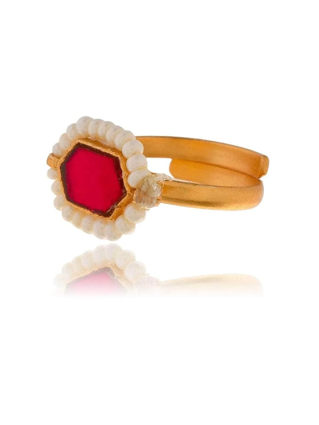 Oblong Kundan Pearl Ring Red