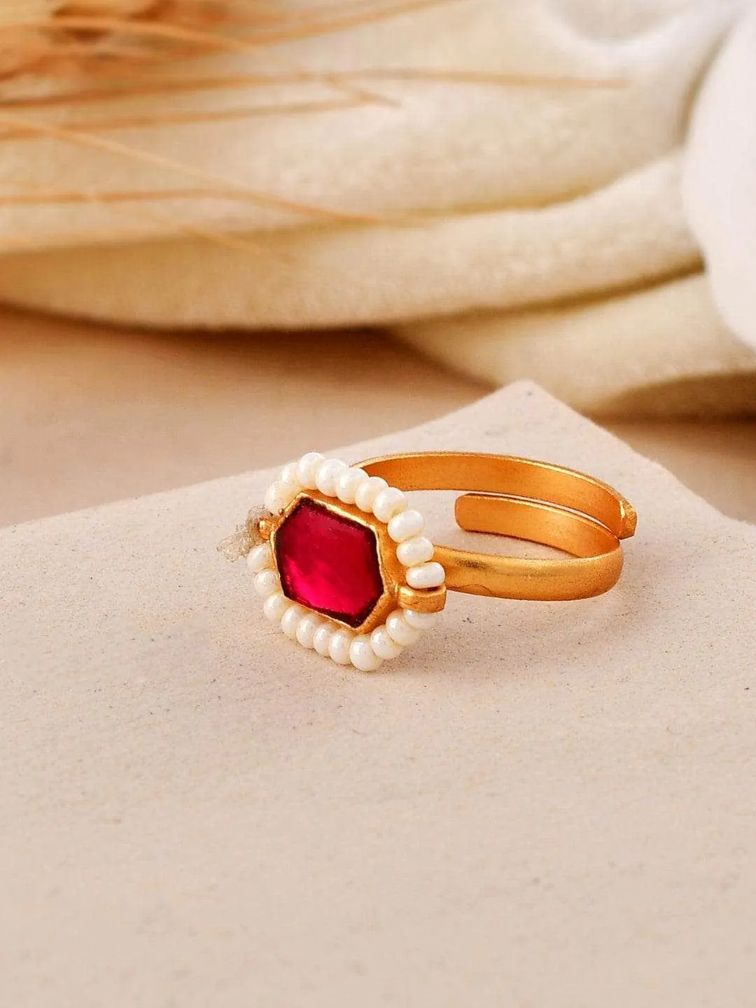 Oblong Kundan Pearl Ring Red