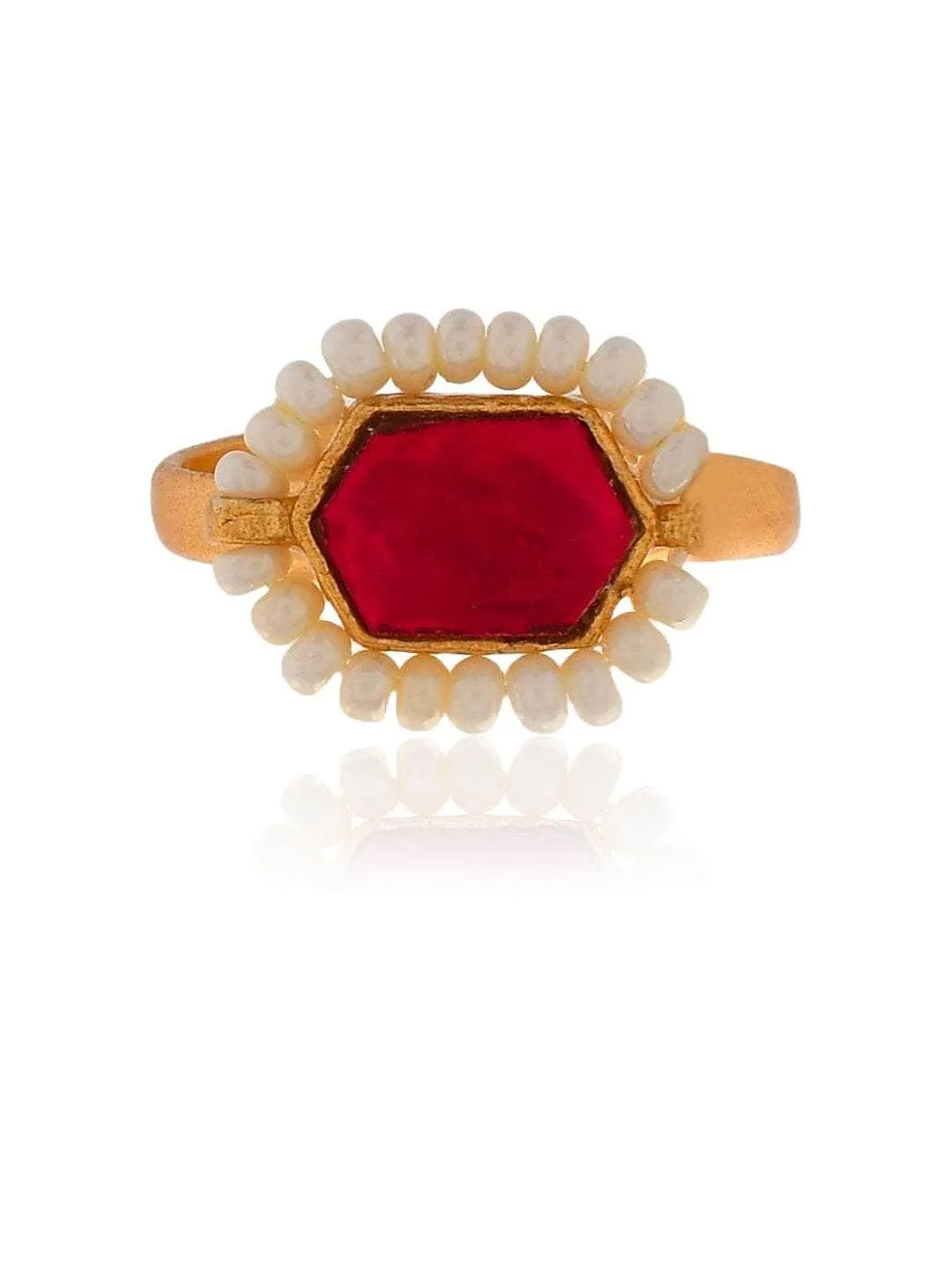 Oblong Kundan Pearl Ring Red