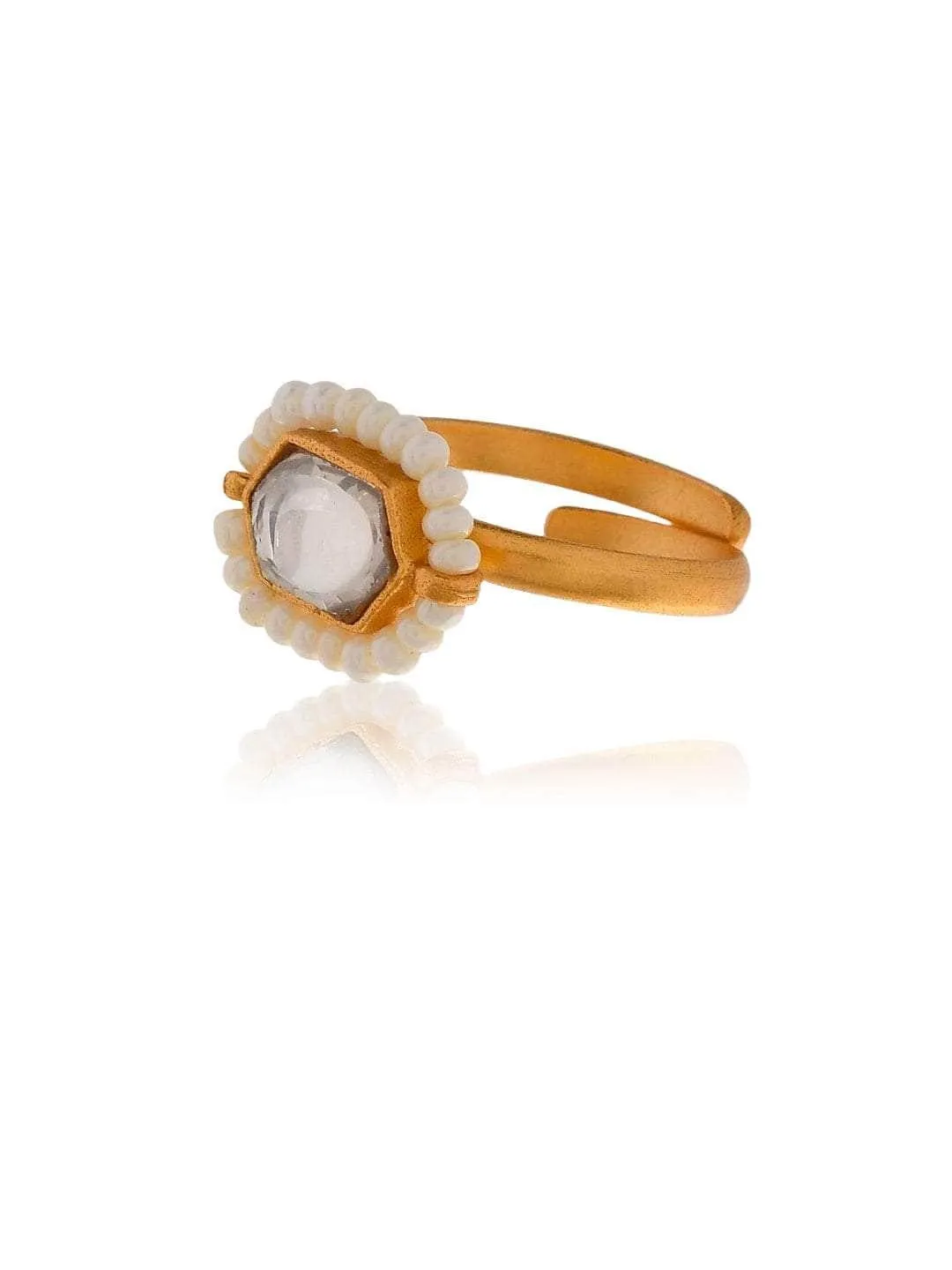 Oblong Kundan Pearl Ring White