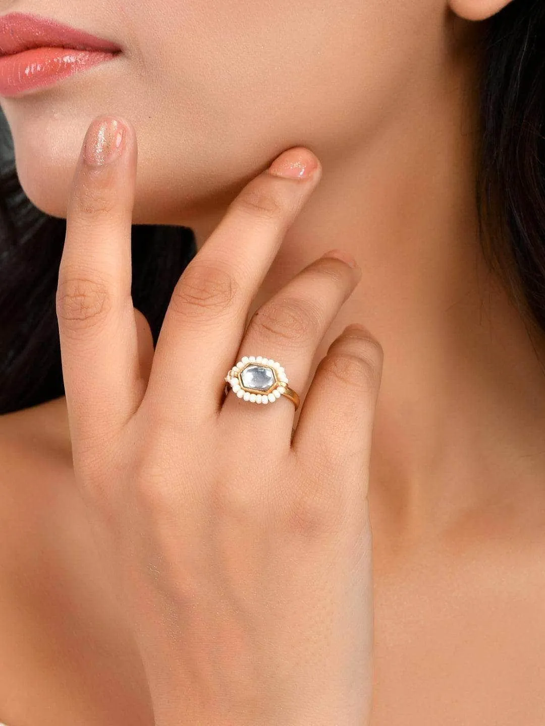 Oblong Kundan Pearl Ring White