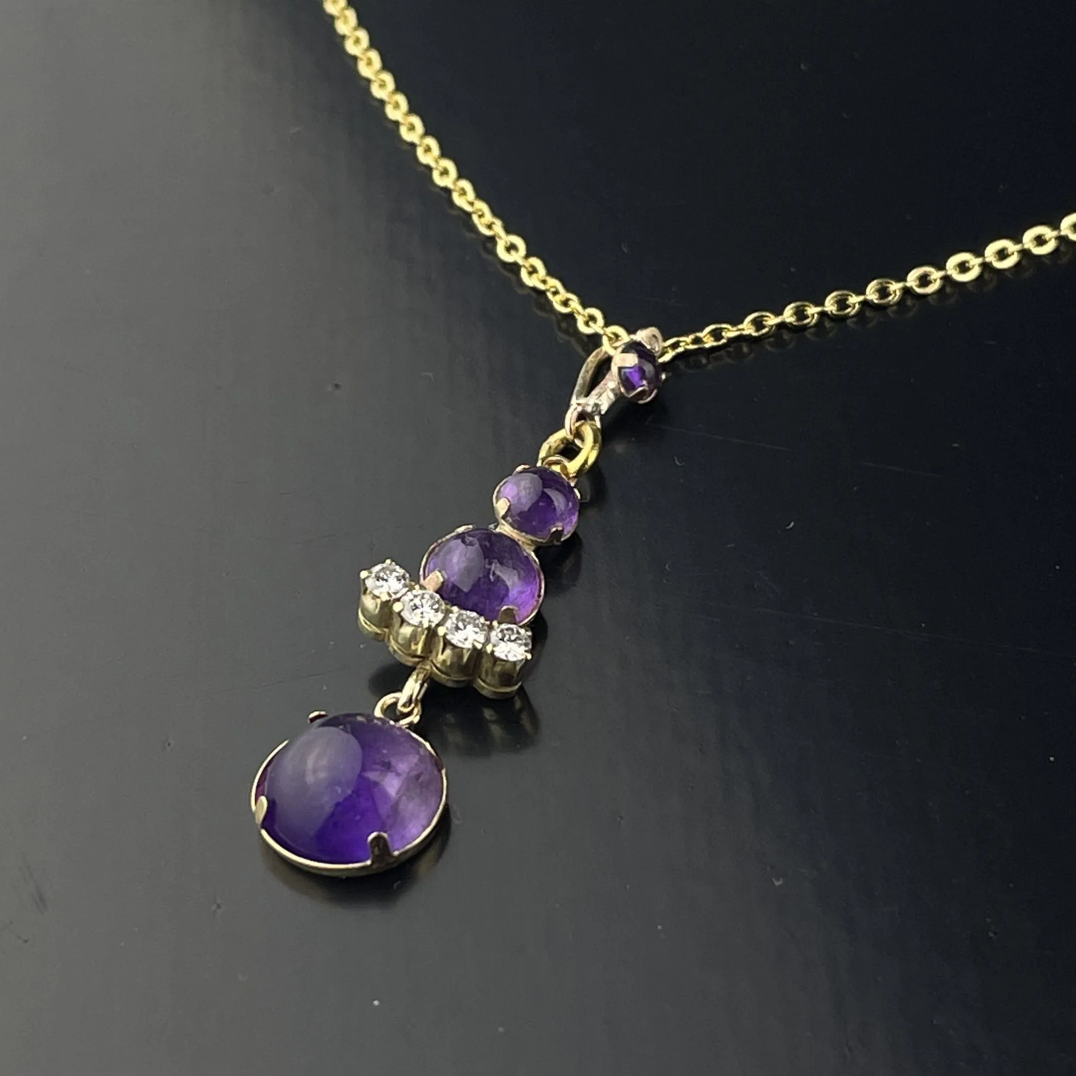 ON HOLD Gold Diamond Amethyst Cabochon Victorian Pendant Necklace