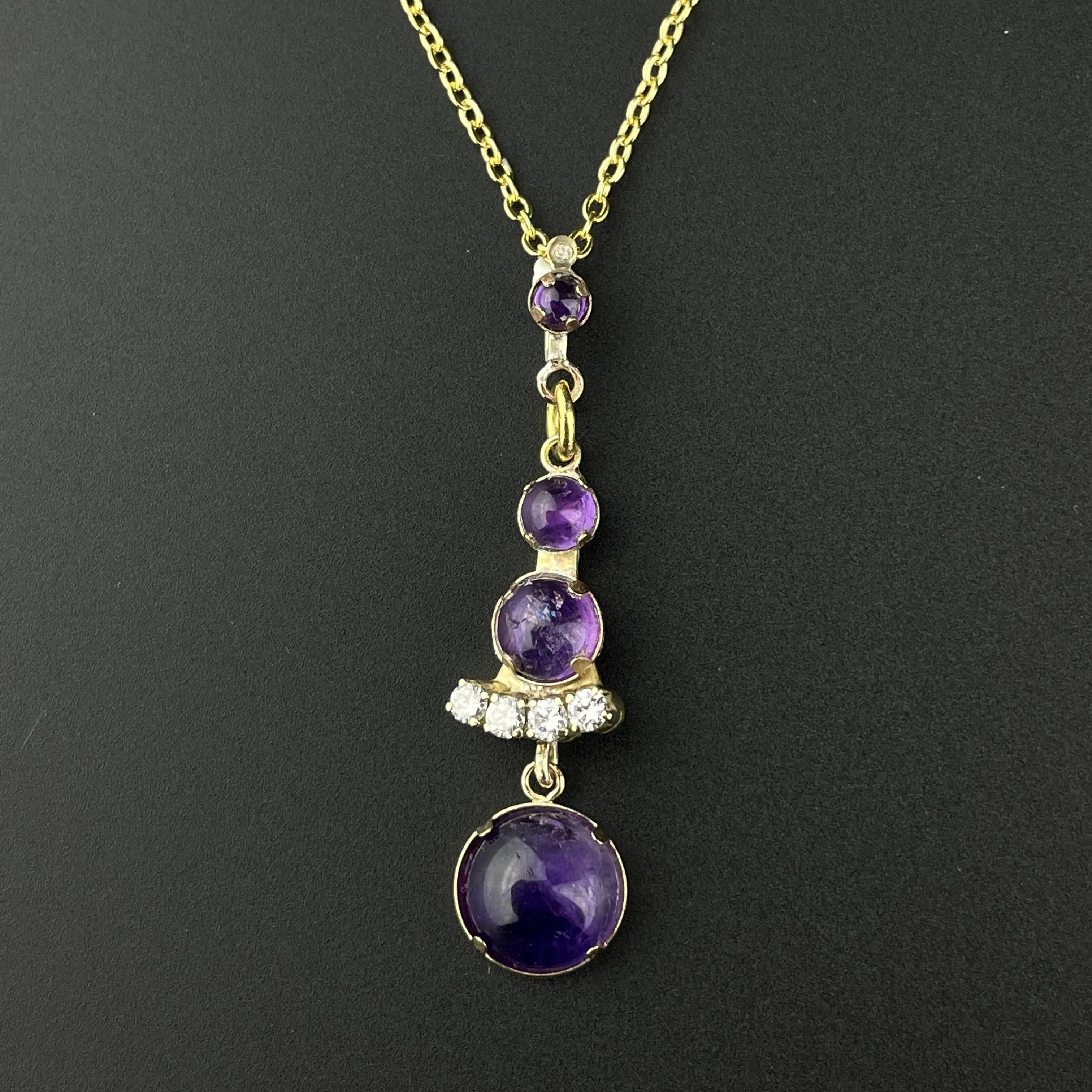 ON HOLD Gold Diamond Amethyst Cabochon Victorian Pendant Necklace