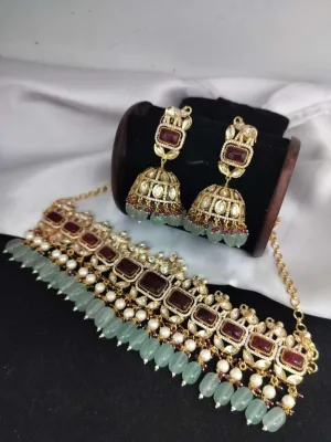 Pachi Kundan Necklace With Jhumka Earrings