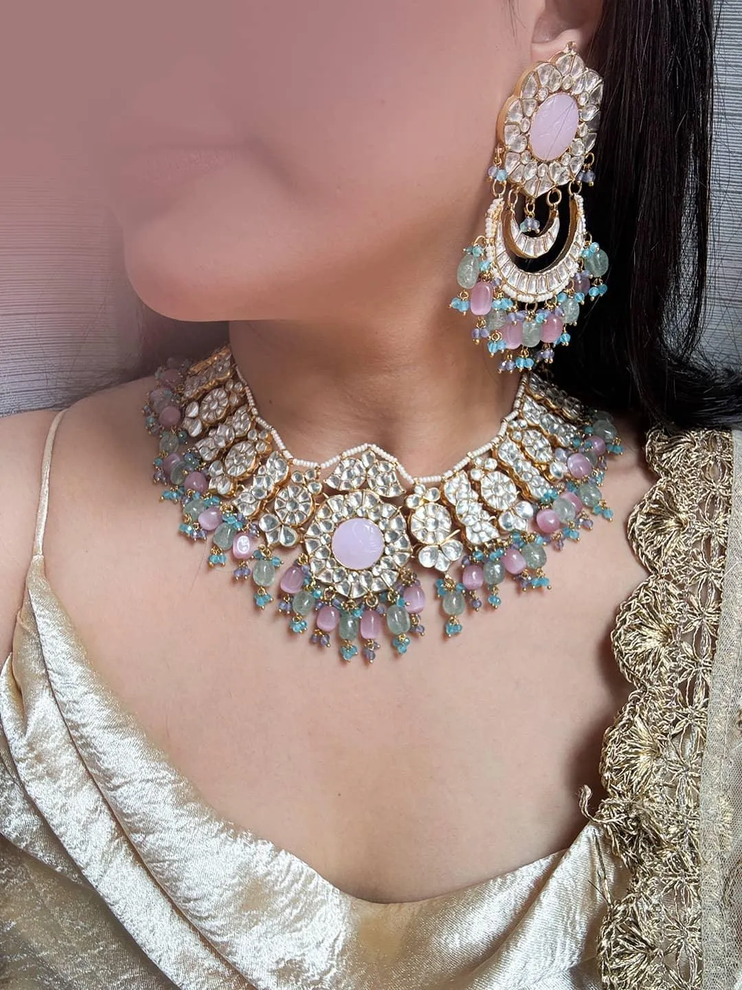 Pastel Pink Colour Paachi Kundan Set