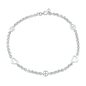 Peace Sign Love Hearts Anklet Ankle Bracelet Sterling Silver 9-10 Inch