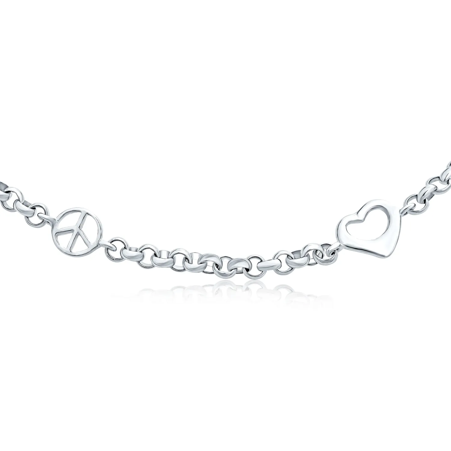 Peace Sign Love Hearts Anklet Ankle Bracelet Sterling Silver 9-10 Inch