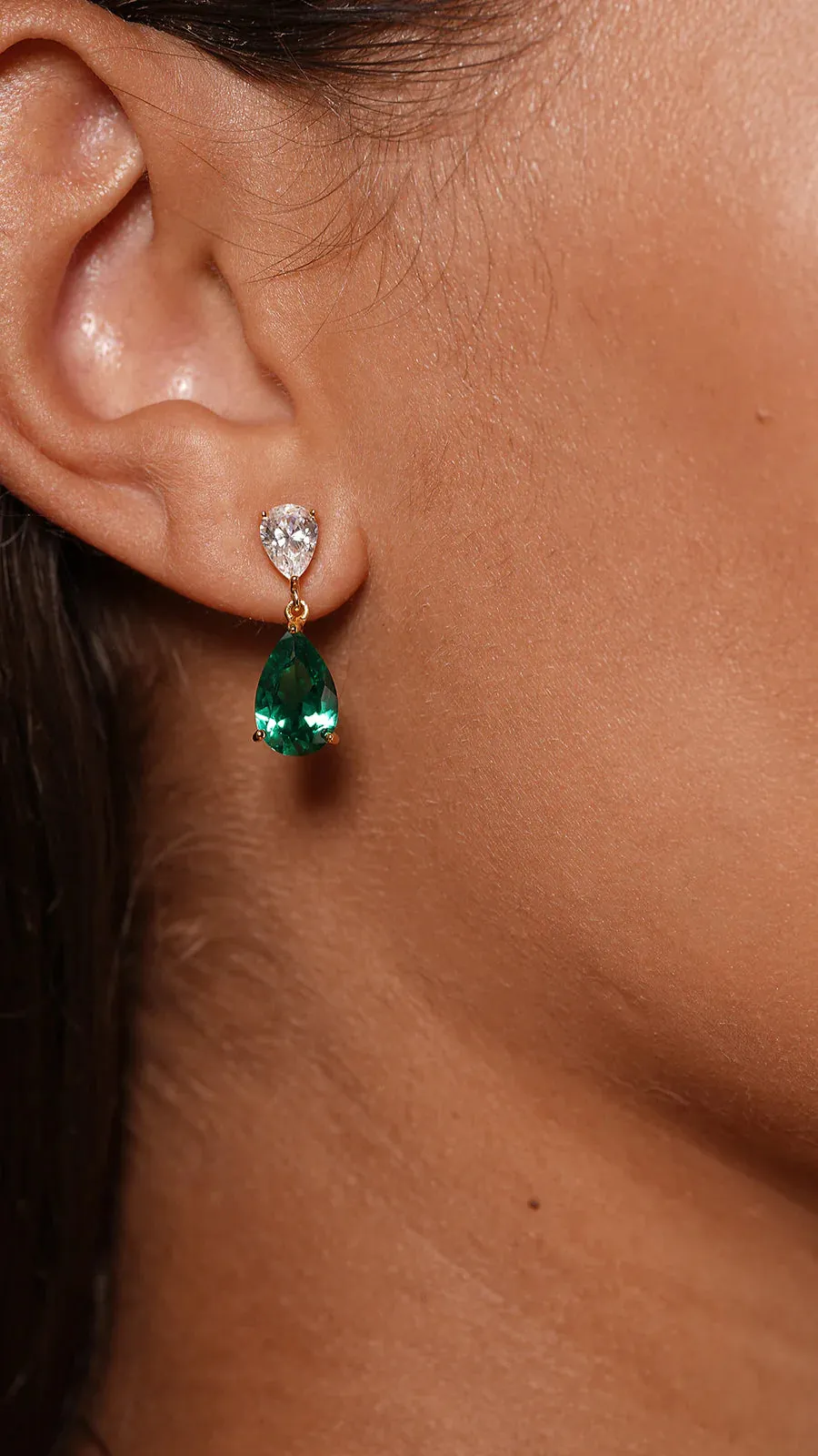 Pear Emerald Stone Earrings Gold Plating