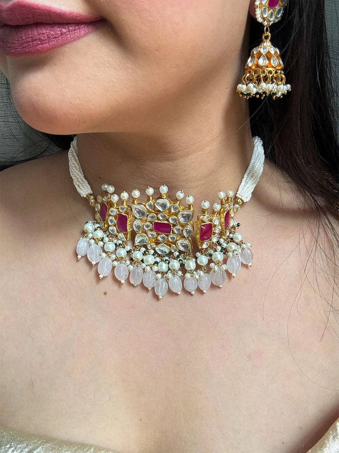 Pearl Beeded Paachi Kundan Choker Set