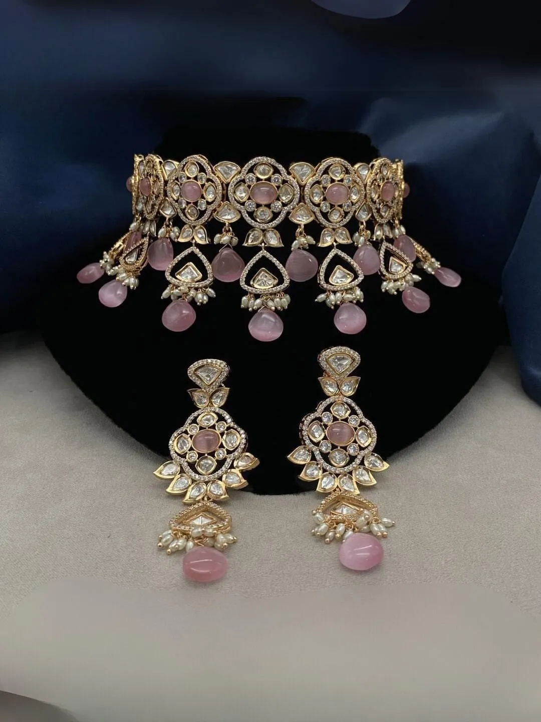 Pink Baby Quartz Beads Kundan Polki Choker Necklace