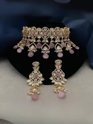 Pink Baby Quartz Beads Kundan Polki Choker Necklace