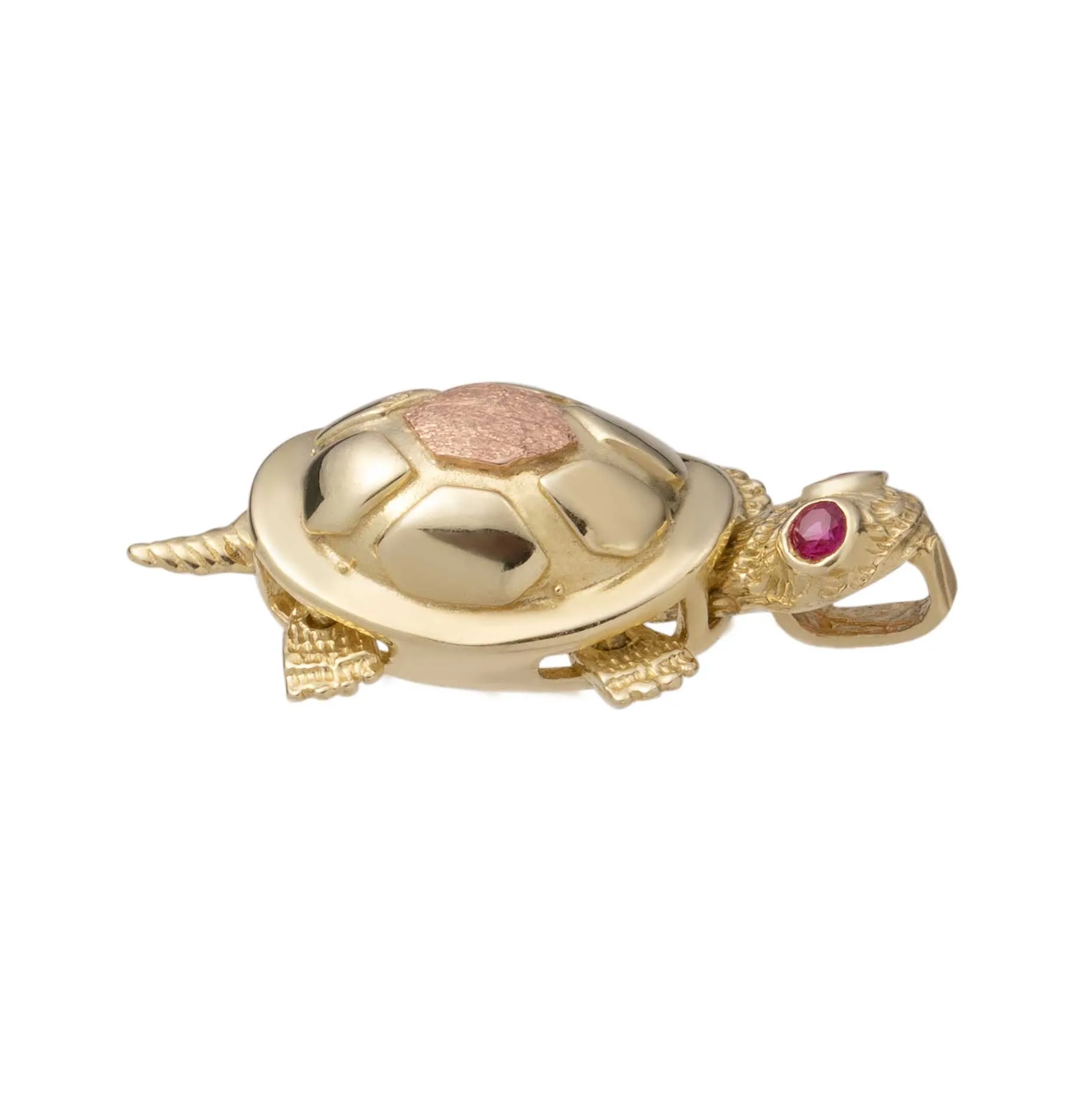 Pink Eyes Turtle Charm Pendant 10K Yellow Gold