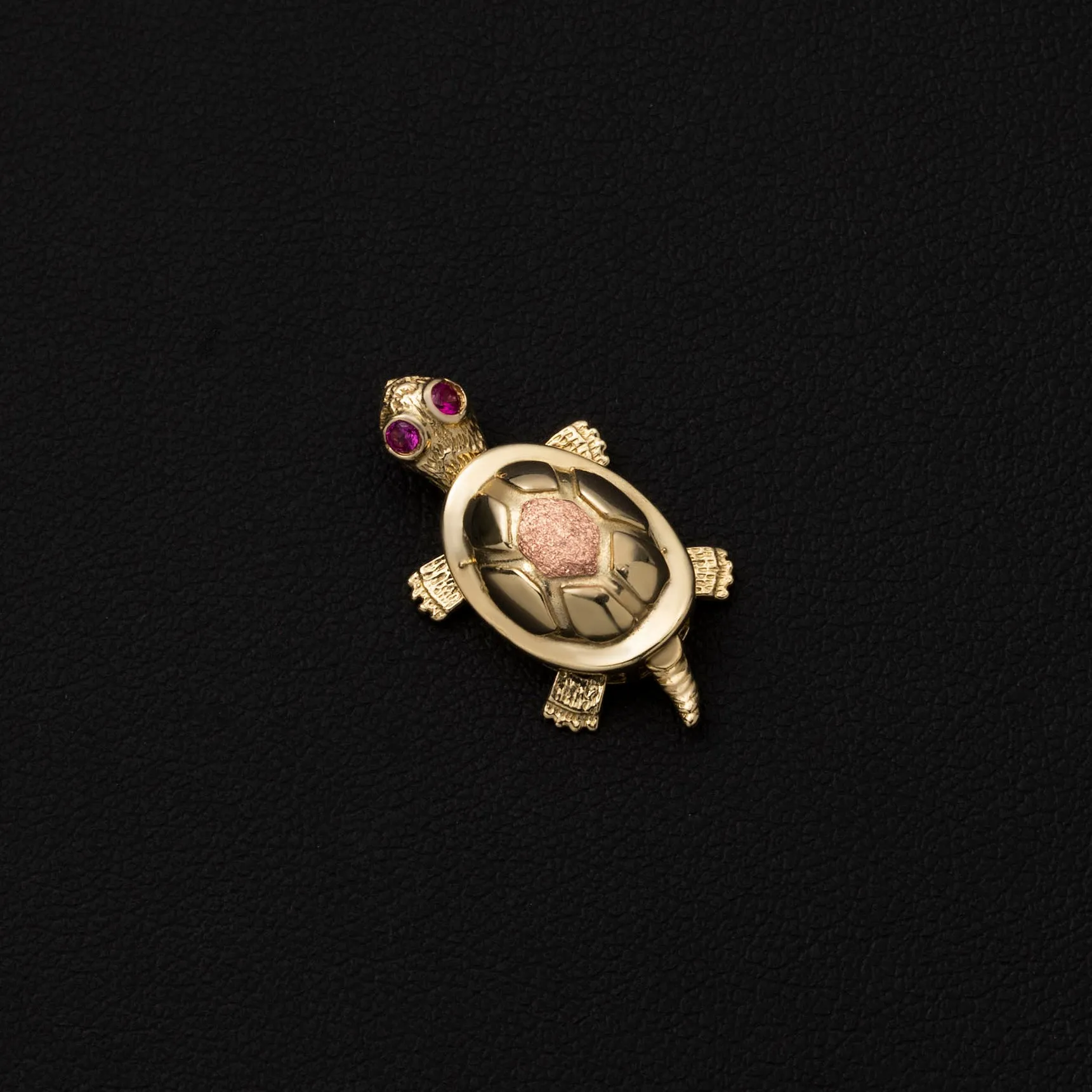 Pink Eyes Turtle Charm Pendant 10K Yellow Gold