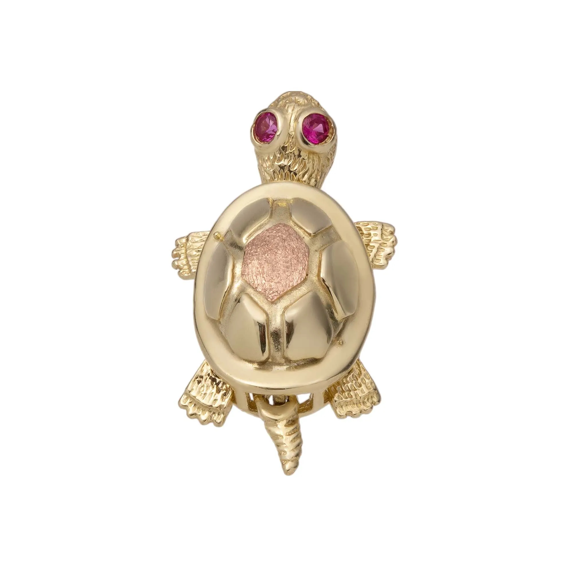 Pink Eyes Turtle Charm Pendant 10K Yellow Gold