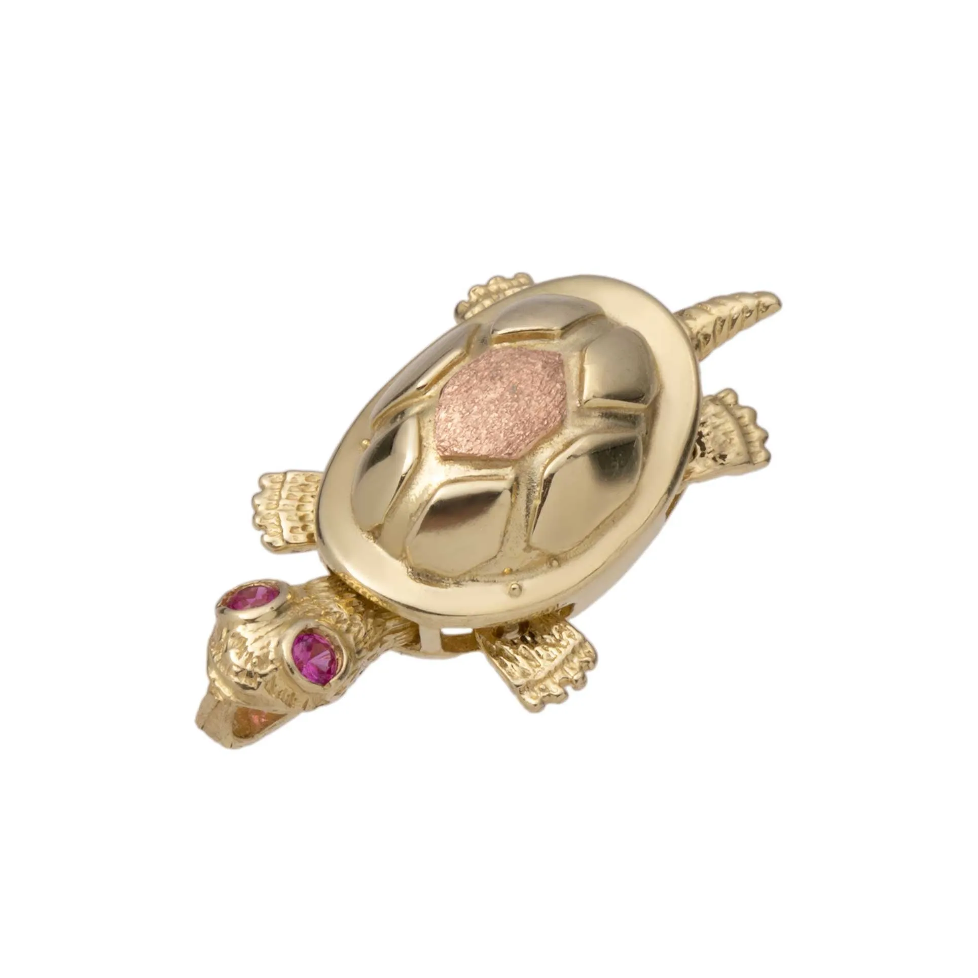 Pink Eyes Turtle Charm Pendant 10K Yellow Gold