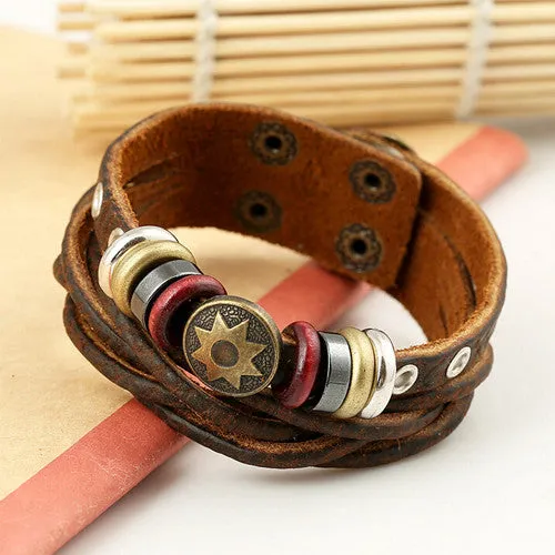 Pulseras Bijoux Handmade Genuine Leather Braided Buckle Bracelet Bronze Round Flower Rivet Retro Jewelry Surfer Couple Bracelet